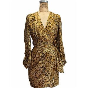 Ba&sh Leopard Print Silk- Blend Ginger Metallic Wrap Dress Size XS